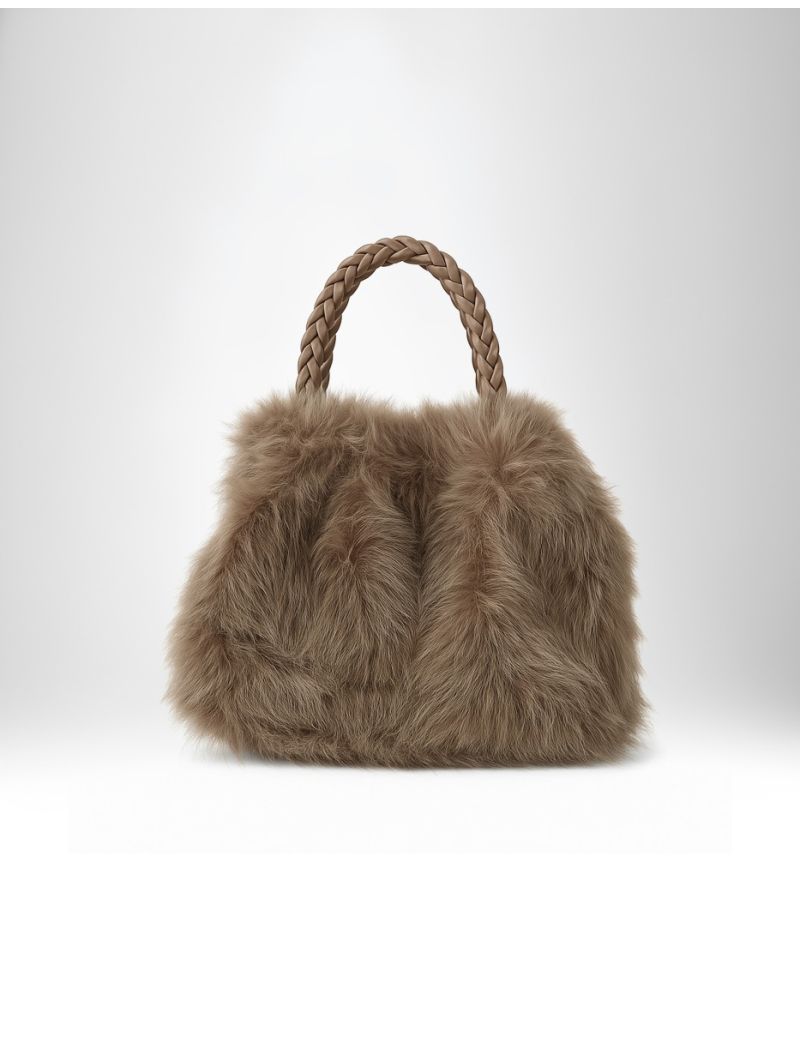 FAUX FUR HANDBAG WITH WOOD-EFFECT HANDLE