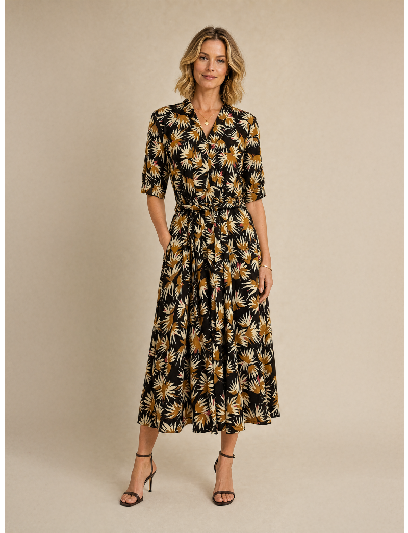 PRINTED MIDI DRESS AND BELT FOR WOMEN