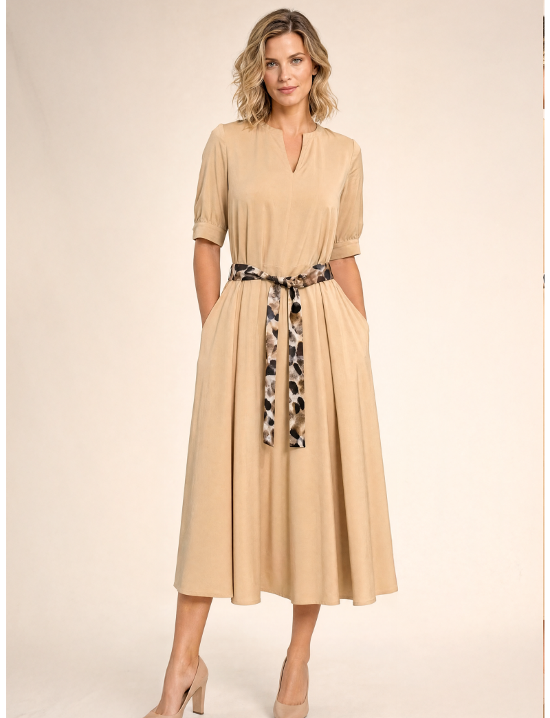WOMEN'S FLOWER PRINT BELTED MIDI DRESS