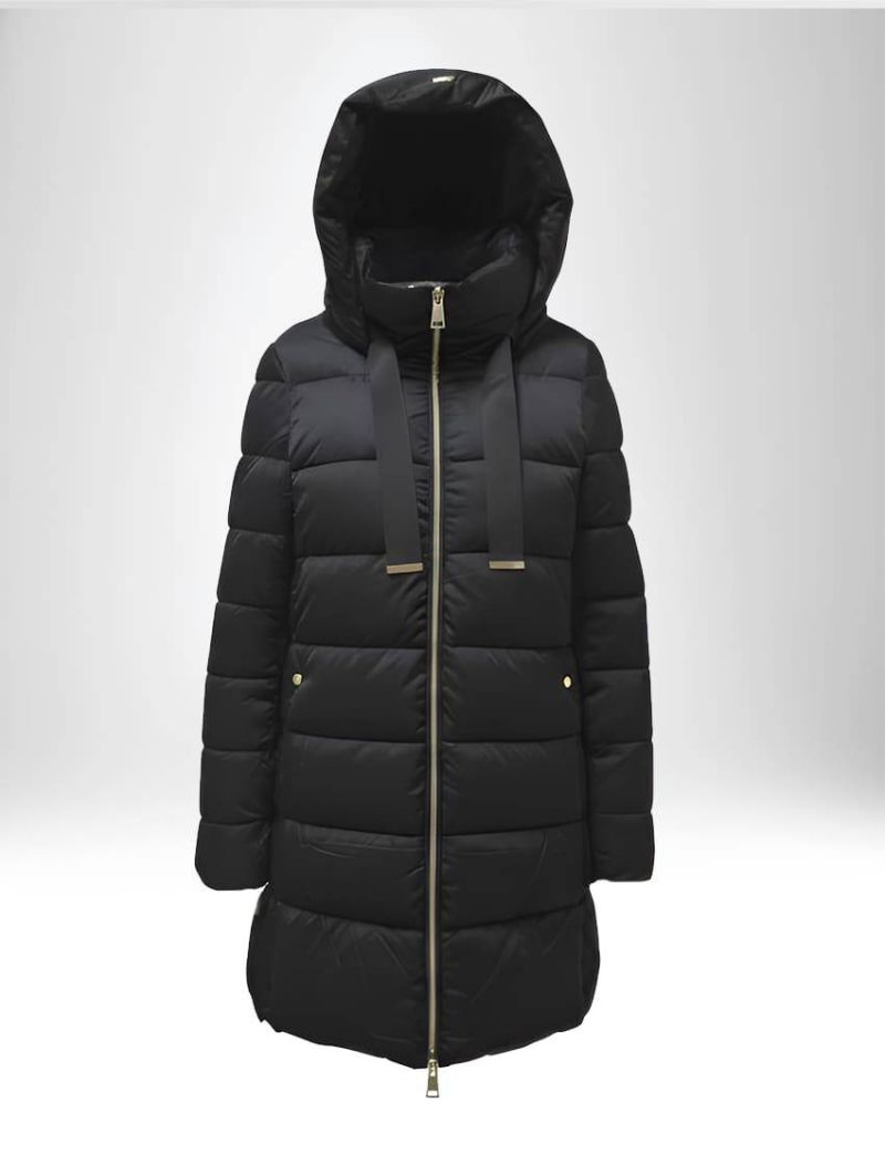 ELEGANT LONG PADDED JACKET WITH NON-REMOVABLE HOOD, NECK STRINGS AND TWO SIDE POCKETS WITH SNAP BUTTON CLOSURE