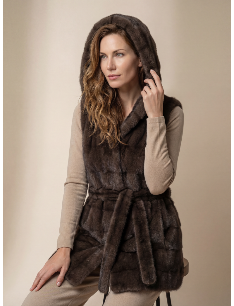 FAUX FUR GILET WITH NON-REMOVABLE HOOD, WAIST BELT AND TWO WELT POCKETS