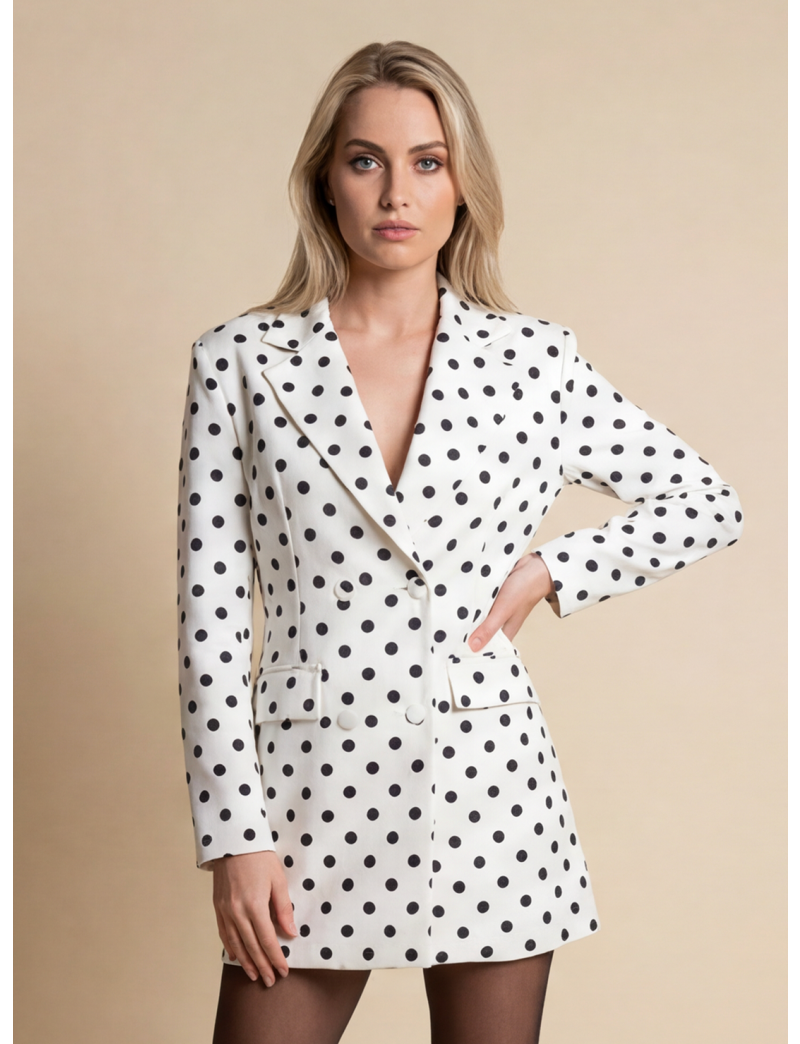 DOUBLE-BREASTED LONG JACKET IN POLKA DOT PRINT