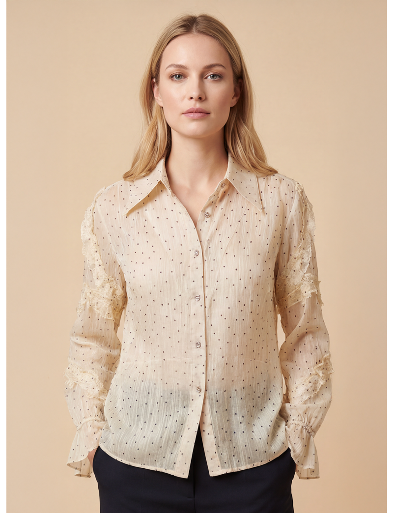 SHEER POLKA DOT SHIRT WITH RUFFLED SLEEVES