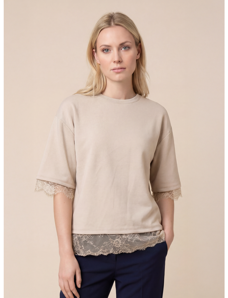 CREW-NECK T-SHIRT IN DOUBLE-LAYER FABRIC WITH LACE DETAILS