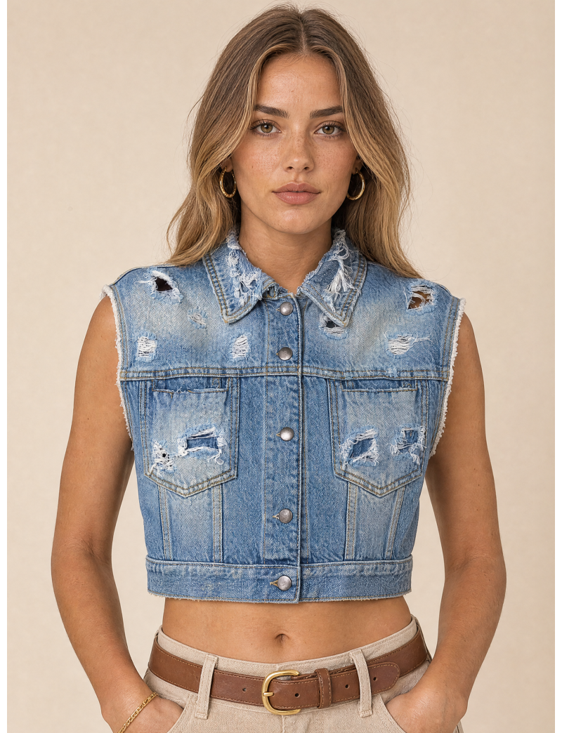 DISTRESSED DENIM VEST