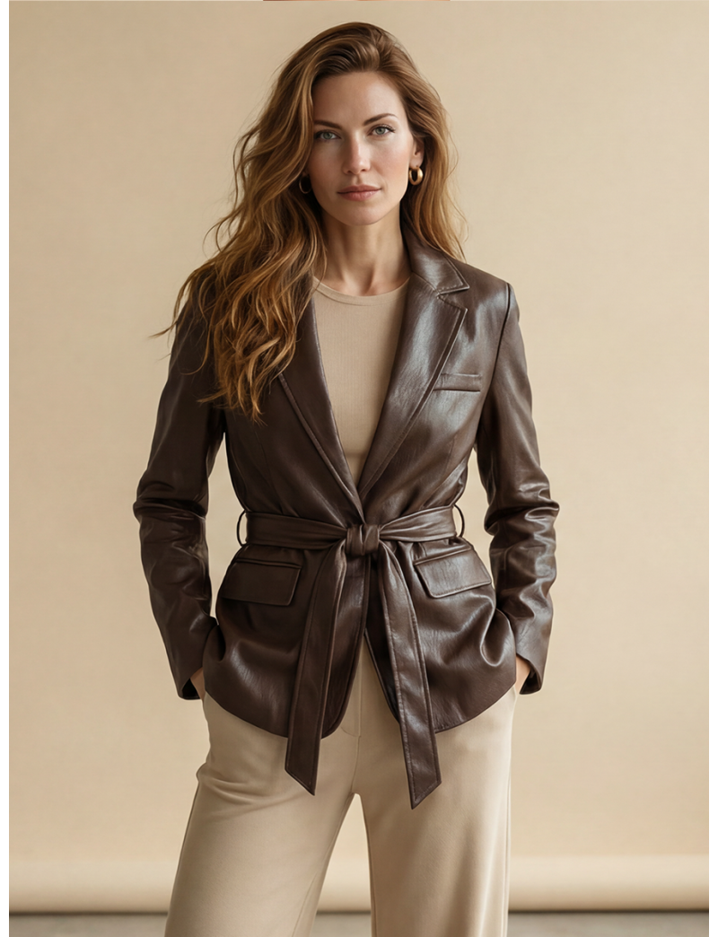TAILORED LEATHER BELTED BLAZER