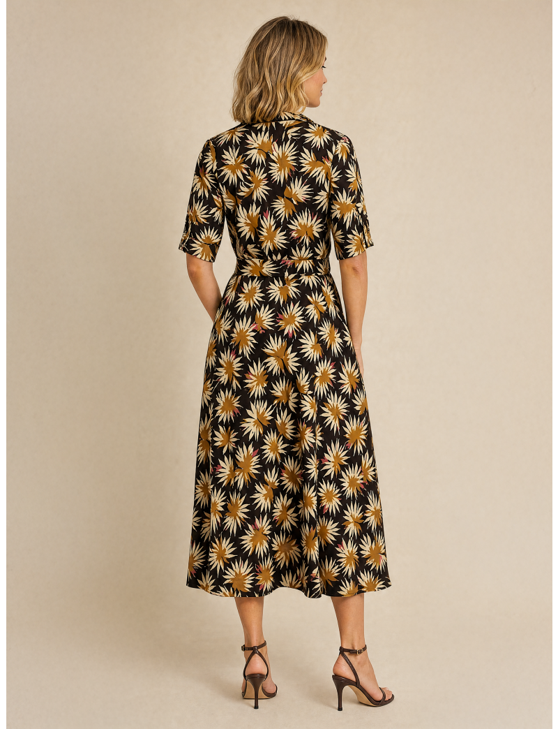 PRINTED MIDI DRESS AND BELT FOR WOMEN