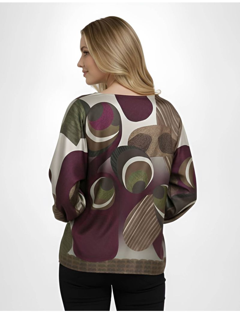 GEOMETRIC PRINT BLOUSE WITH WIDE SLEEVES AND BOAT NECKLINE