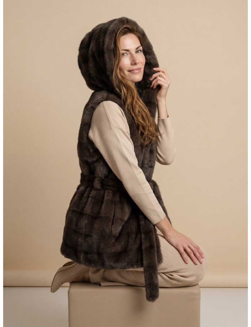 FAUX FUR GILET WITH NON-REMOVABLE HOOD, WAIST BELT AND TWO WELT POCKETS