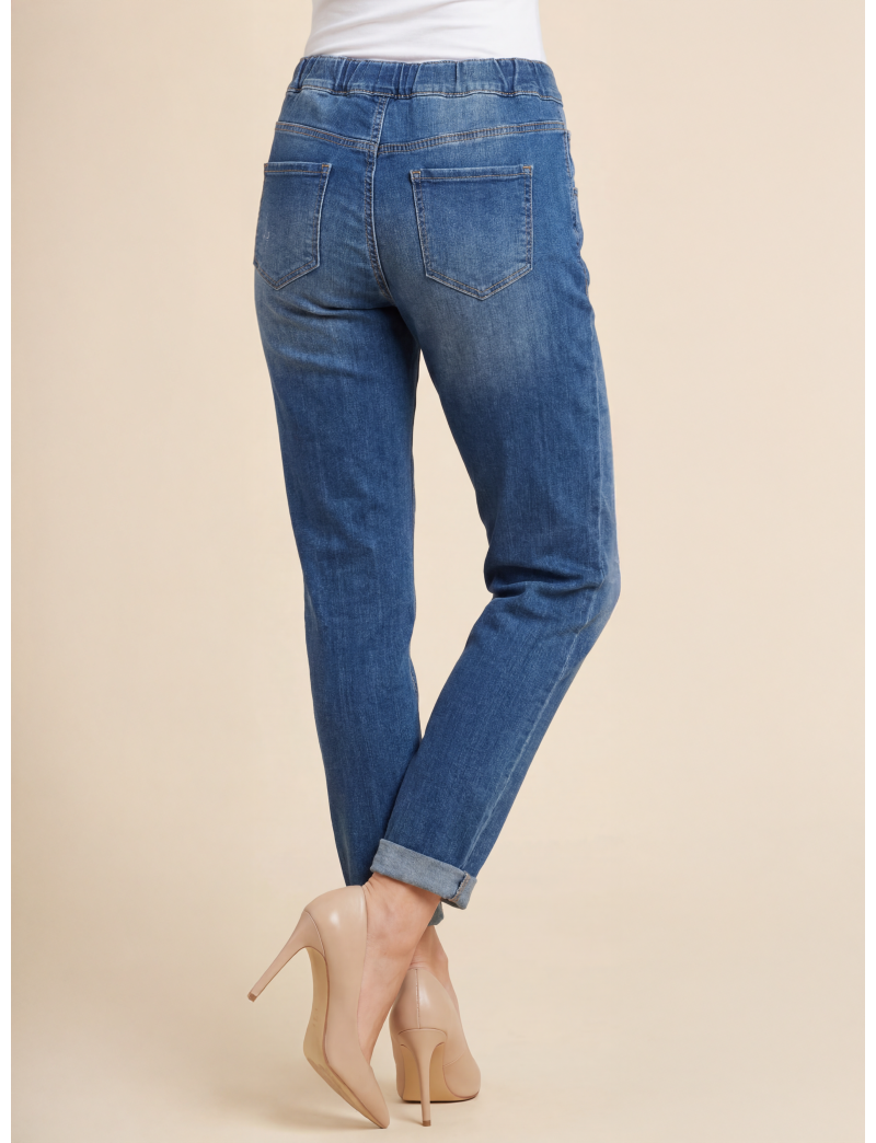 PENCIL-FIT KNITTED DENIM TROUSERS