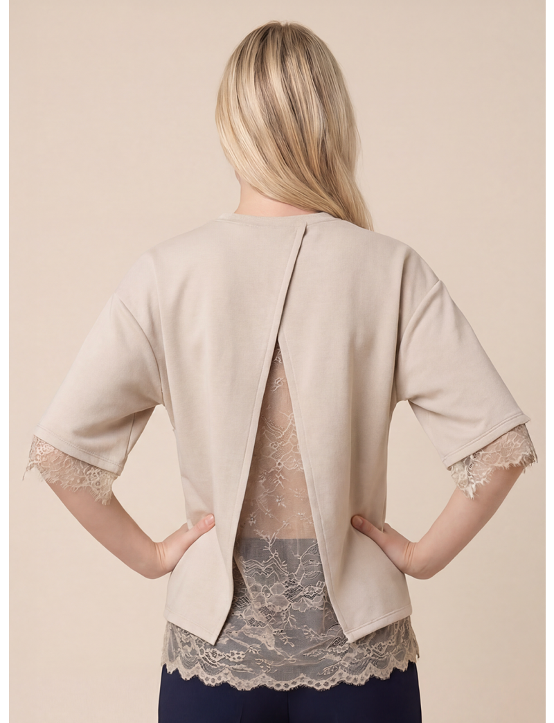 CREW-NECK T-SHIRT IN DOUBLE-LAYER FABRIC WITH LACE DETAILS