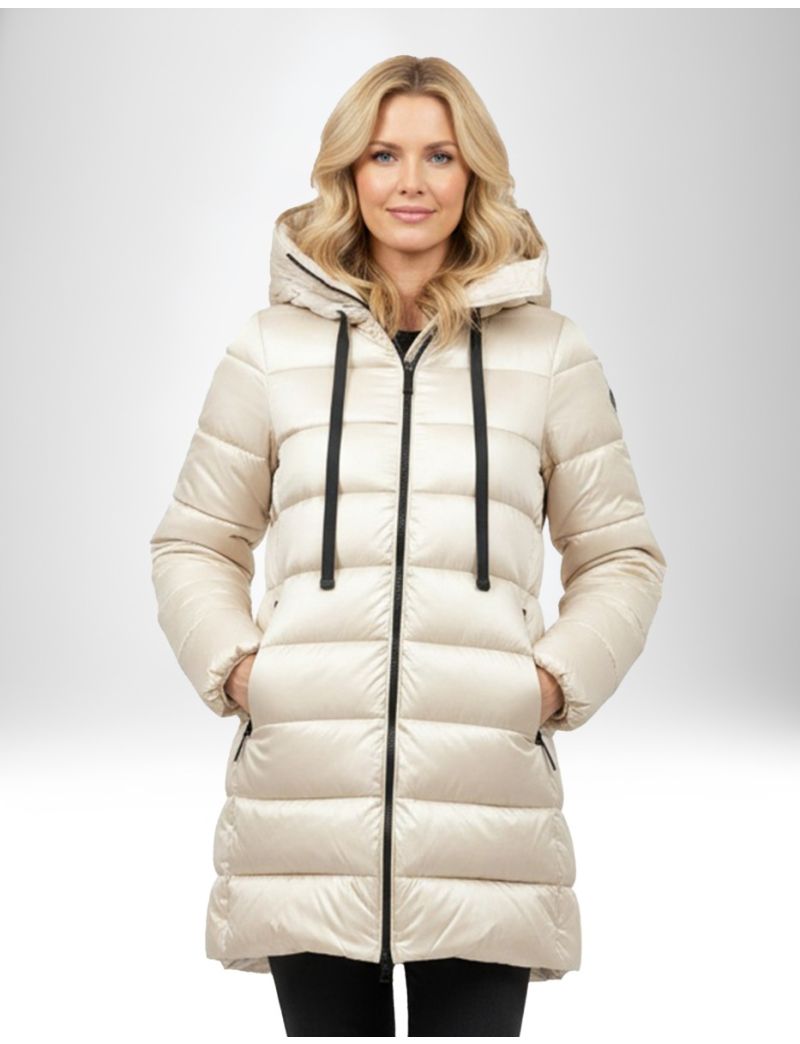 ELEGANT GLOSSY PADDED JACKET WITH NON-REMOVABLE HOOD, NECK STRINGS AND TWO FRONT ZIP POCKETS